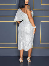 One-Shoulder Sequin Wrap Midi Dress